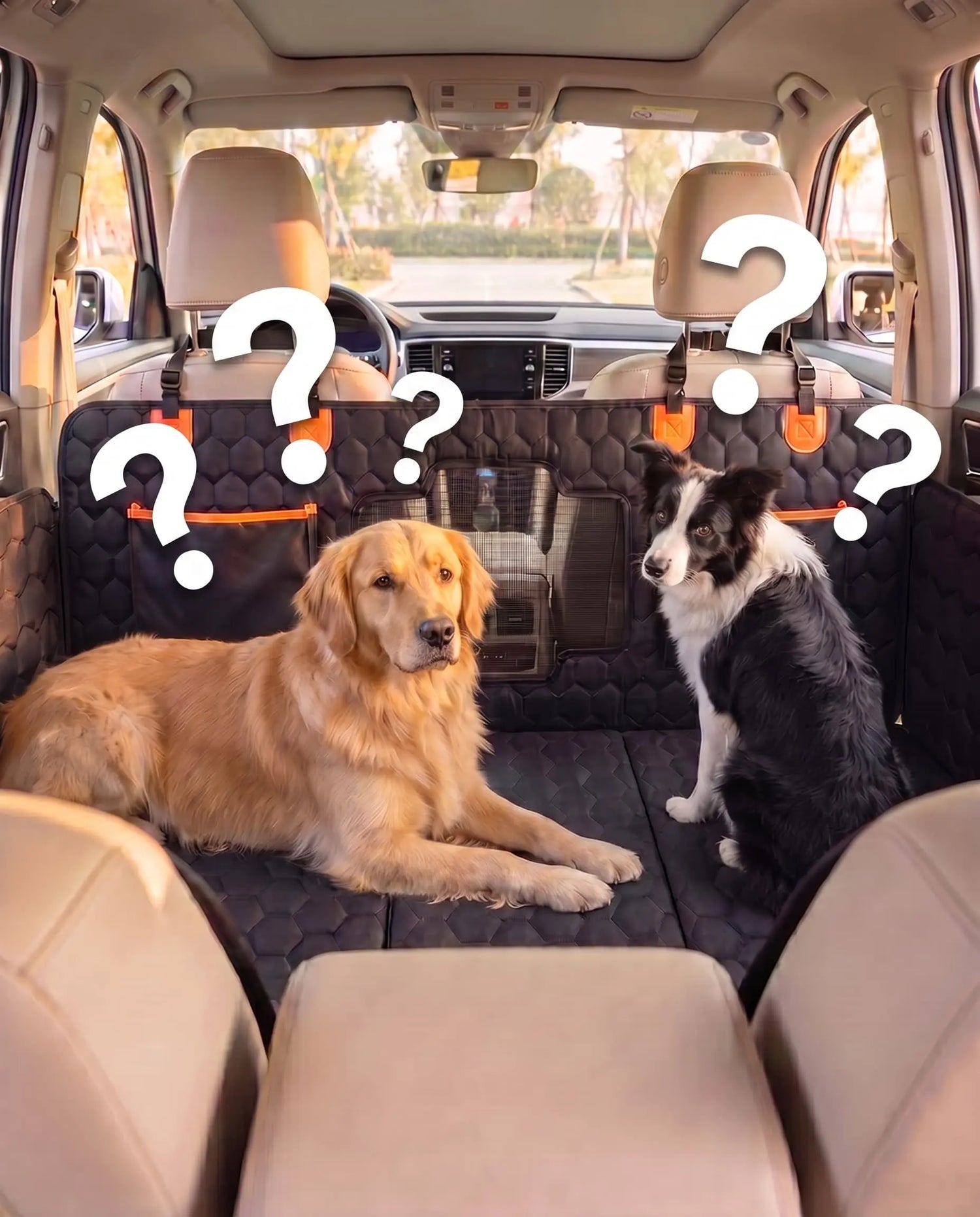 2 Dogs standing and laying across the silverhammock dog seat cover with white question marks above them.