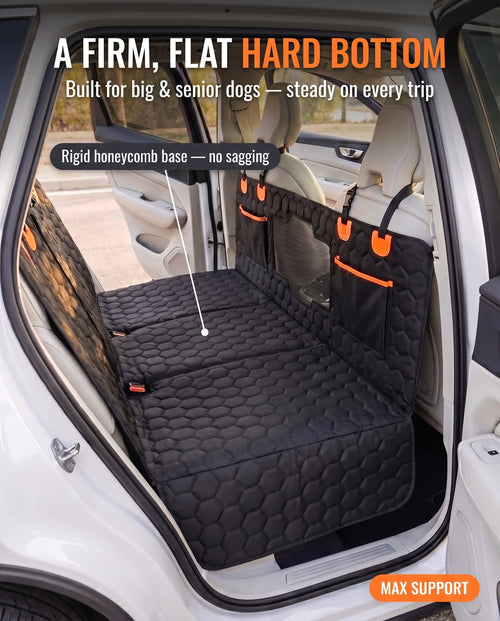 Dog car seat cover with honeycomb base in a vehicle, emphasizing firmness and support.