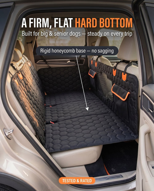 Car bench seat cover with a firm, flat hard bottom for dogs in a vehicle.
