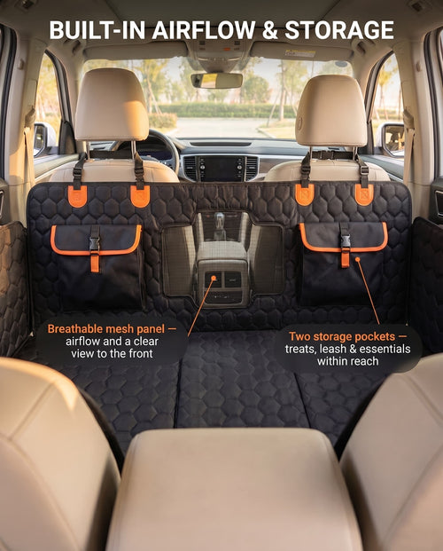 Car seat cover with built-in airflow and storage features, showing a clear view of the car interior.