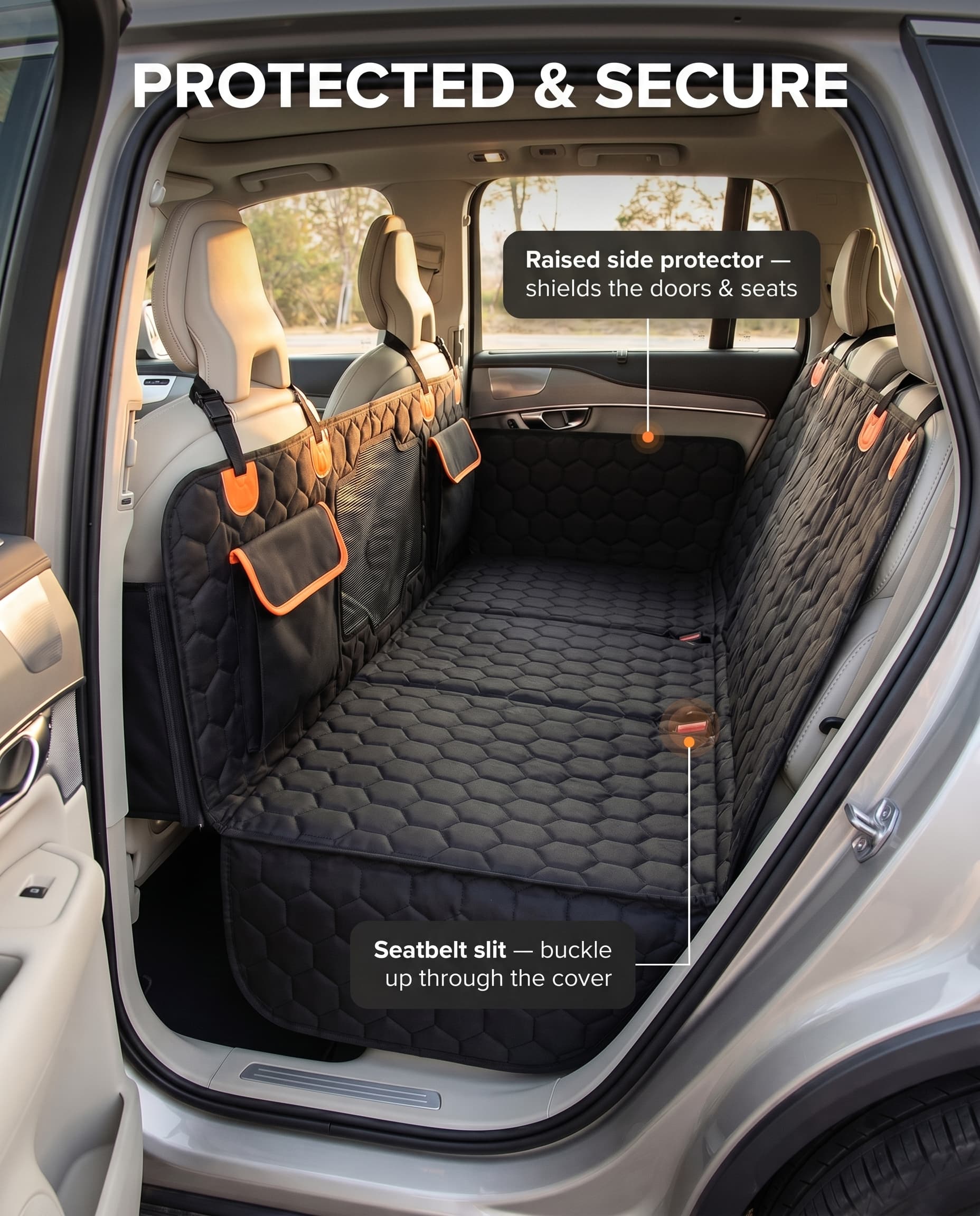 Car interior with a black seat cover and raised side protector, labeled 'Protected & Secure'.