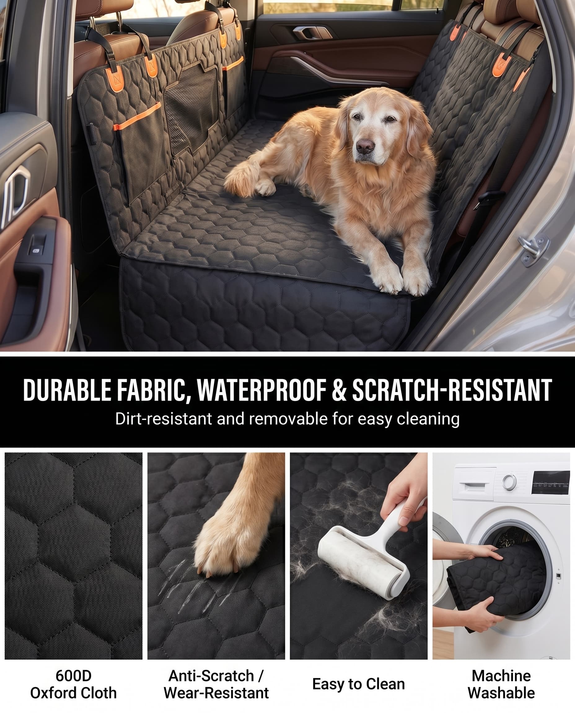 Dog sitting on a car bench cover with durability features highlighted.