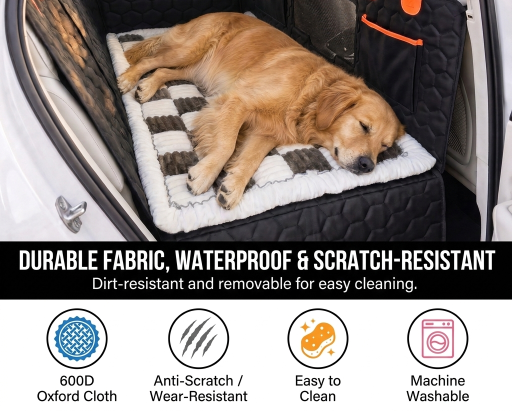A golden retriever dog rests on a silver hammock car seat cover inside a car trunk. With an silverhammock plush topper in brown and white checkered pattern with a white sherpa border, set against a black quilted car seat cover.