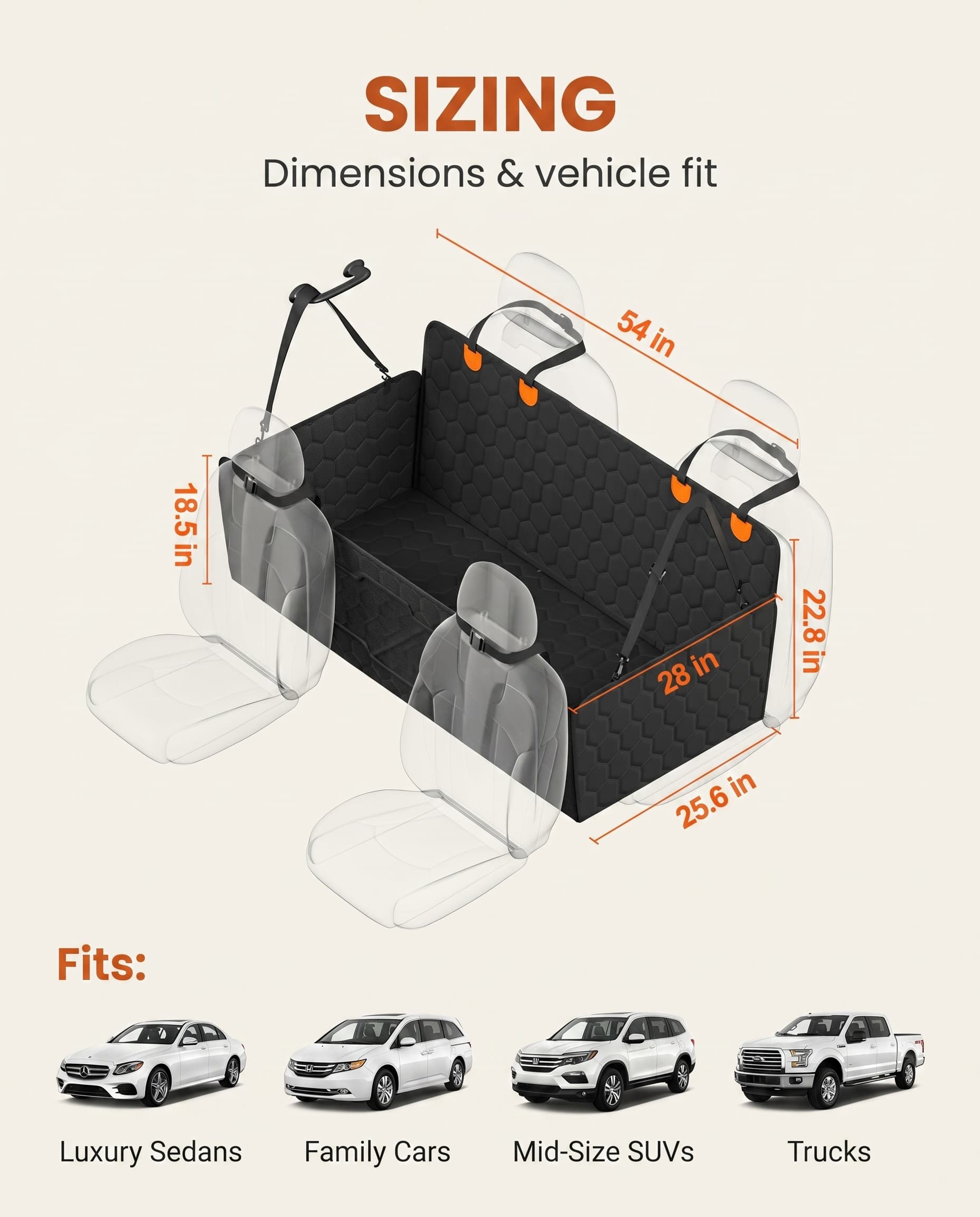 Car seat cover with dimensions and vehicle fit information on a beige background