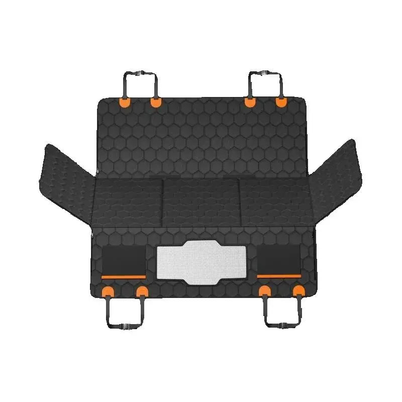 SilverHammock Car cargo liner with honeycomb pattern and orange hooks on a white background For big and senior dogs. Hard, solid, flat bottom