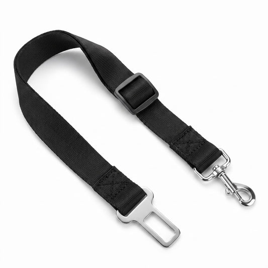 Black dog leash with metal heatbelt clip on a white background
