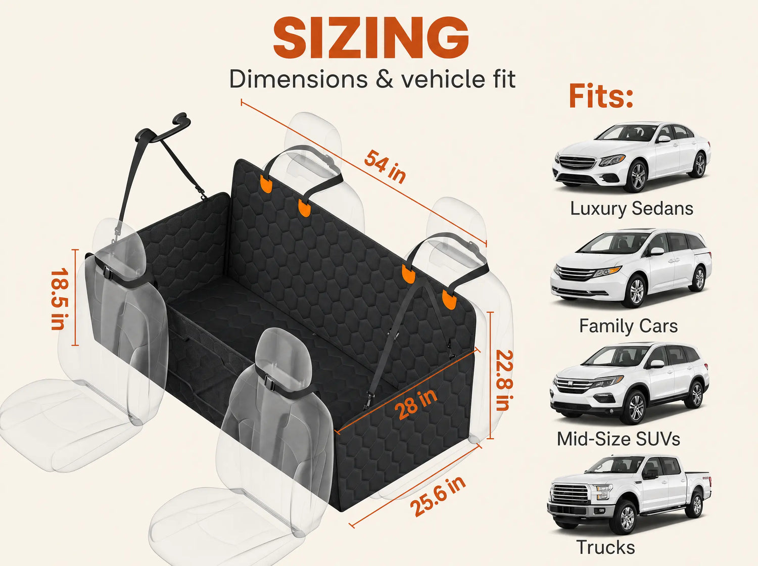 Sizing diagram of the SilverHammock dog seat cover: 54 inches wide, 25.6 inches deep, 22.8 inches tall, 28-inch seat area and 18.5-inch front panel, fitting luxury sedans, family cars, mid-size SUVs and trucks.