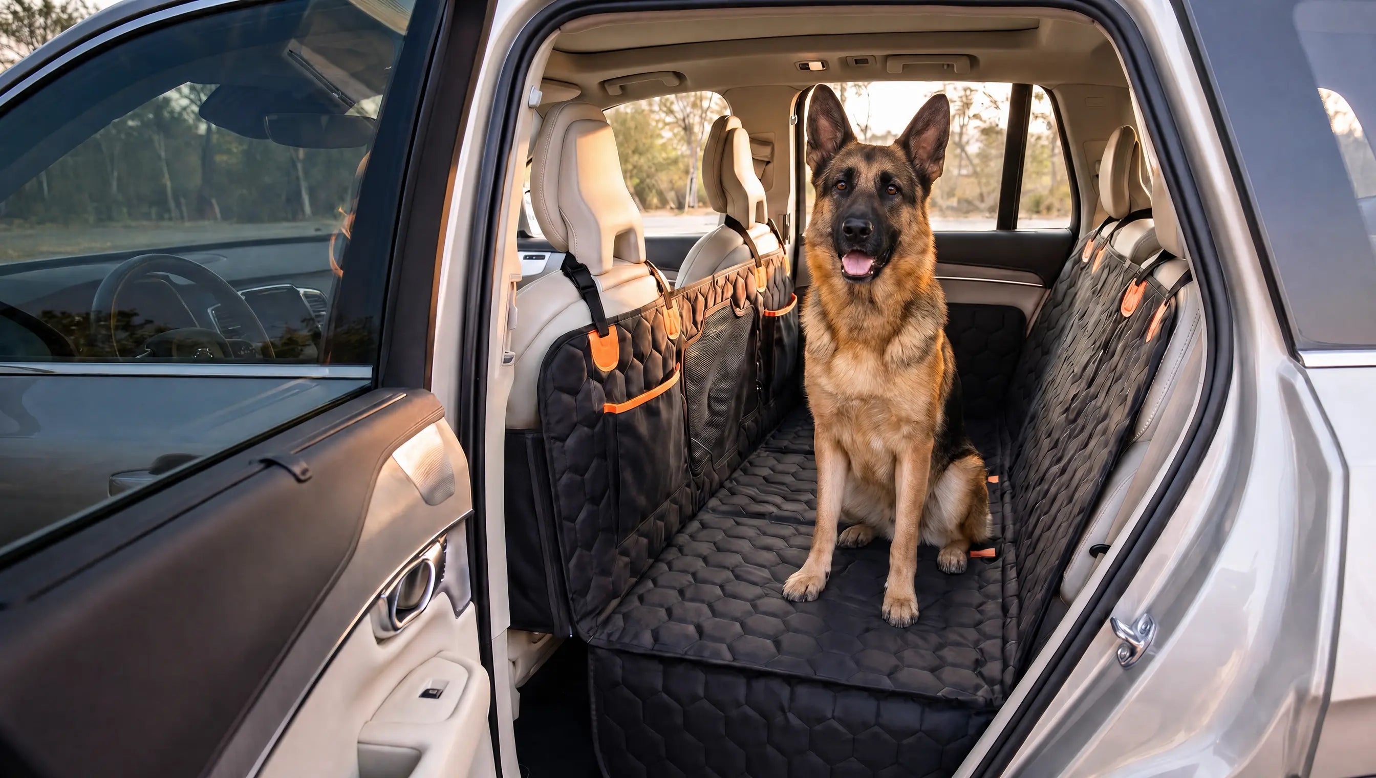 Adult German Shepherd sitting upright on a SilverHammock dog seat cover in the back seat of an SUV.