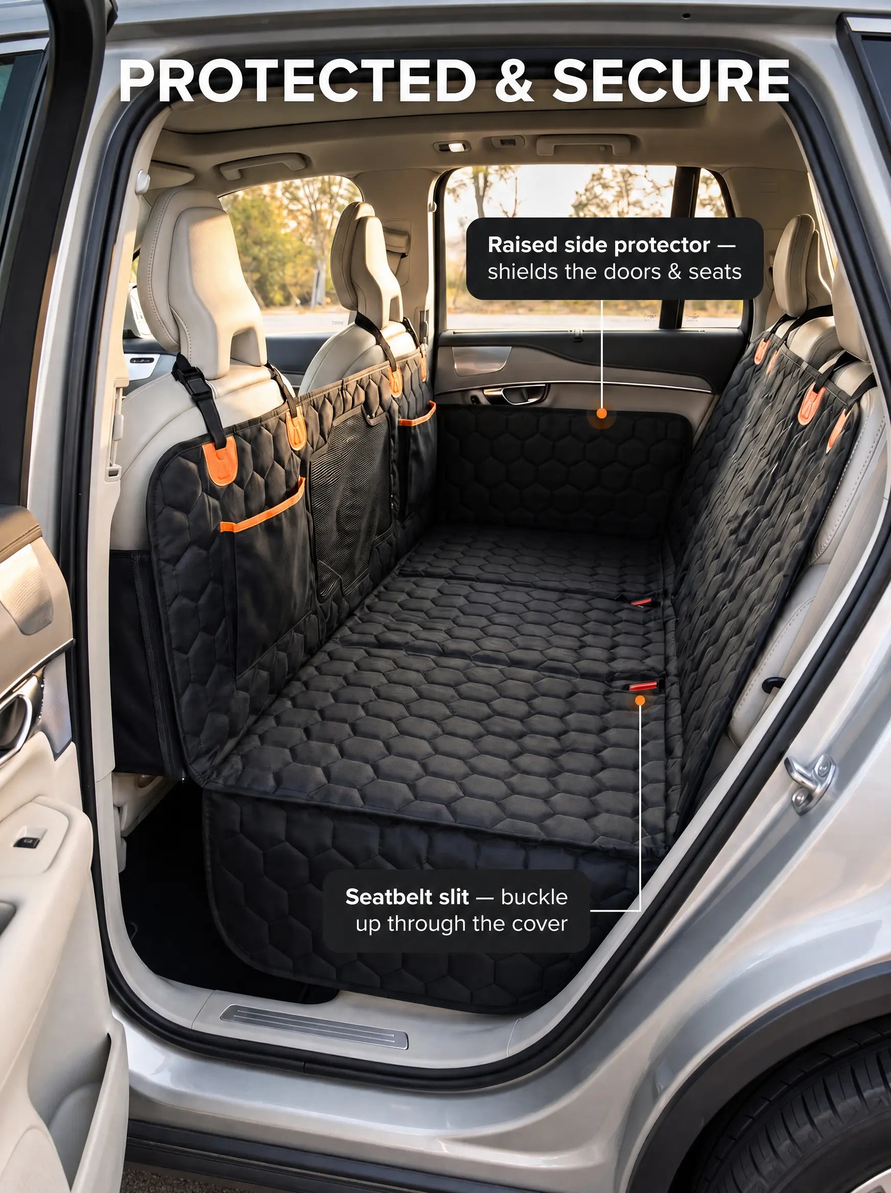 SilverHammock dog seat cover installed across an SUV back seat with raised side protectors shielding the doors and a seatbelt slit in the quilted surface.