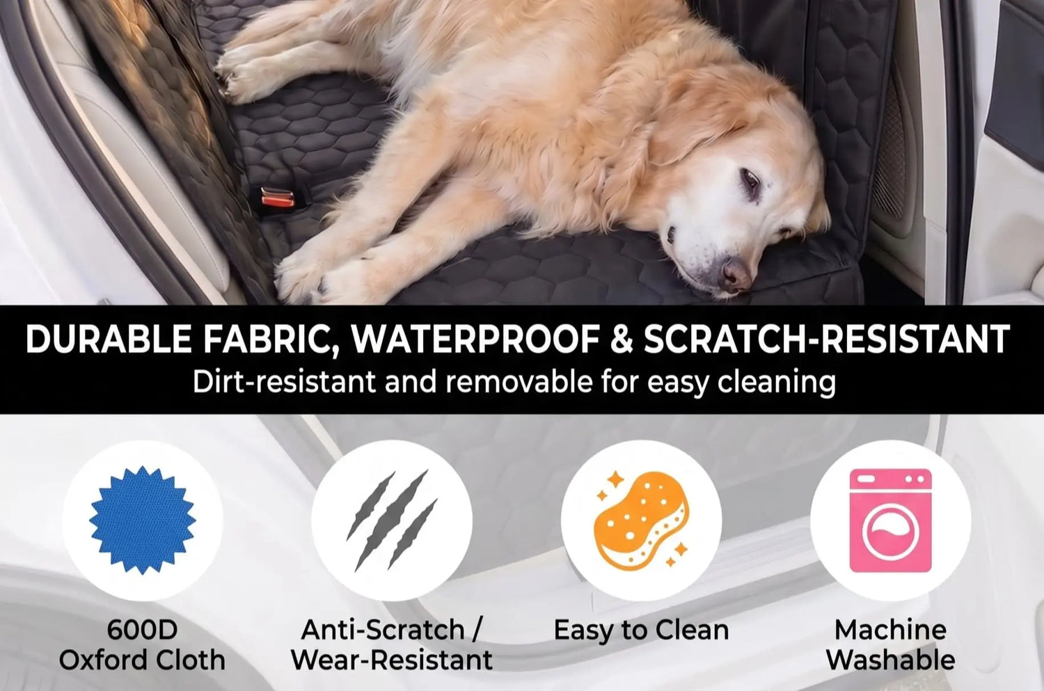 Golden retriever resting on a SilverHammock dog seat cover, with icons for 600D Oxford cloth, anti-scratch wear resistance, easy cleaning and machine washability.