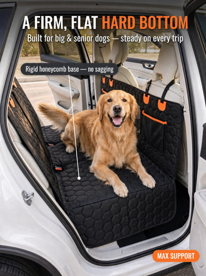 Golden retriever lying flat and relaxed on the firm honeycomb base of a SilverHammock hard-bottom dog seat cover in an SUV back seat.